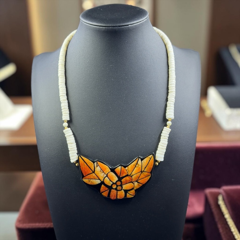 Vintage Floral Mosaic Pendant Necklace‎ Cottagecore Art To Wear Statement Boho